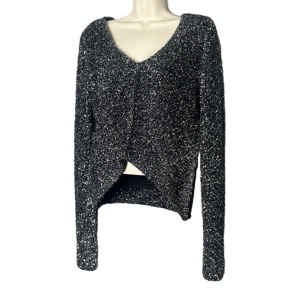 Lovers + Friends Womens Black Silver Glitter Long Sleeve Pullover Sweater Small